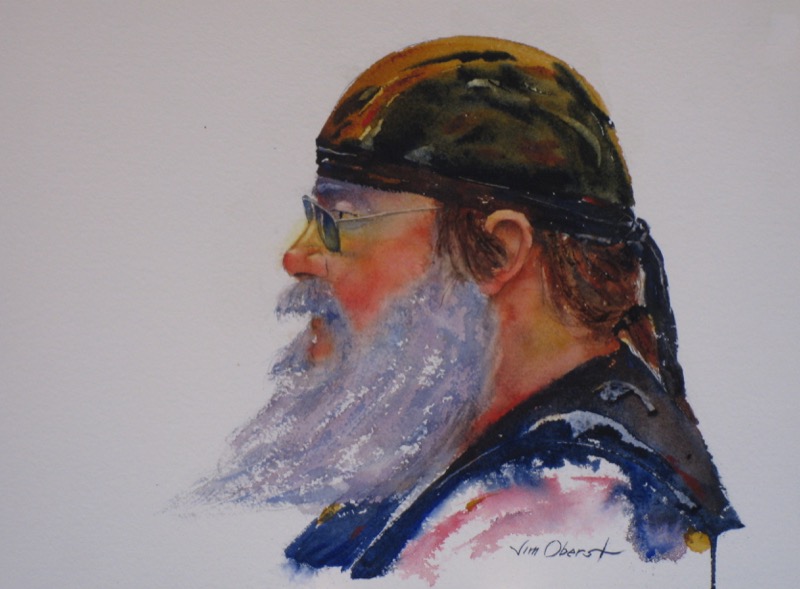 portrait, biker, motorcycle, beard, do-rag, original watercolor painting, oberst